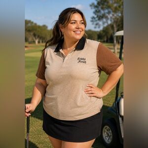 Teddy Fresh Vintage Golf Velour Tan Polo Brown Sleeves Black Collar 100% Cotton